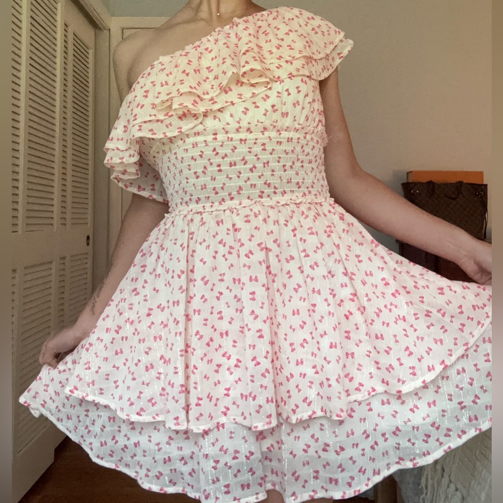 One-Shoulder Ruffle Dress with Pink Floral Pattern